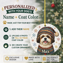 Load image into Gallery viewer, Shih Tzu Ornament - Christmas Folk Art Design - Personalize with Photo and Name