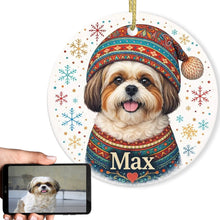 Load image into Gallery viewer, Shih Tzu Ornament - Christmas Folk Art Design - Personalize with Photo and Name