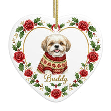 Load image into Gallery viewer, Shih Tzu Ornament - Personalized Heart Shaped Christmas Rose Border - with Name-Christmas Ornament-Christmas,Personalize Artwork,Shih Tzu-4