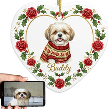 Load image into Gallery viewer, Shih Tzu Ornament - Personalized Heart Shaped Christmas Rose Border - with Name-Christmas Ornament-Christmas,Personalize Artwork,Shih Tzu-1