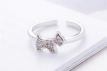 Load image into Gallery viewer, Image of a silver Scottie dog ring in sparkling white-stone studded Scottish Terrier design