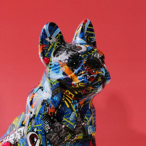 Close up image of an artistic colorful french bulldog statue