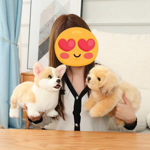 image of a woman playing with an adorable golden retriever plush toy