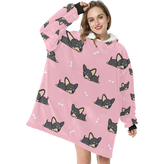 Sleeping Black and Tan Chihuahua Blanket Hoodie for Women - 4 Colors-Apparel-Apparel, Blankets, Chihuahua-Pink-1