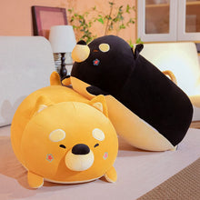 Load image into Gallery viewer, Image of an orange and black color sleeping Shiba Inu plush toy pillows kept on the bed