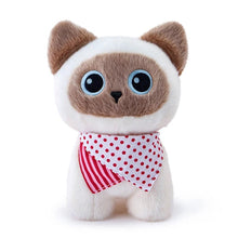 Load image into Gallery viewer, A plush toy cat with large blue eyes, brown ears and face markings, and a red-and-white polka dot and striped bandana, shown on a clean white background.