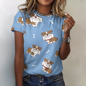 Smiling English Bulldog Love All Over Print Women's Cotton T-Shirt - 4 Colors-Apparel-Apparel, English Bulldog, Shirt, T Shirt-2XS-CornflowerBlue-1