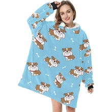 Load image into Gallery viewer, Smiling English Bulldog Love Blanket Hoodie for Women - 4 Colors-Apparel-Apparel, Blankets, English Bulldog-Sky Blue-1