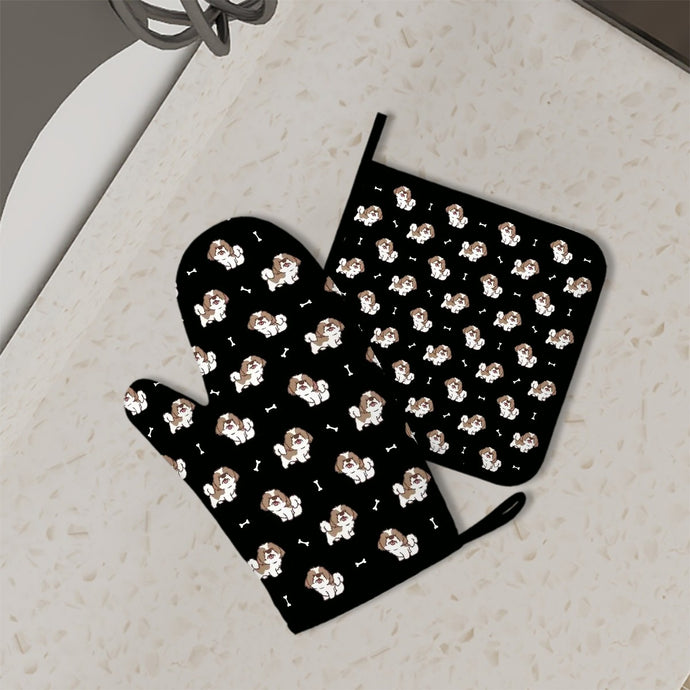 Smiling Lhasa Apso Love Oven Mitts and Pot Holder Set-Kitchen Decor-Accessories,Dog Mom Gifts,Lhasa Apso-1