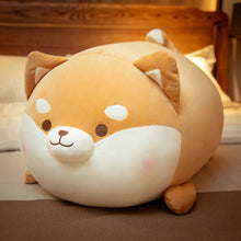 Load image into Gallery viewer, Image of a super cute close mouth Shiba Inu stuffed animal plush toy pillow kept on the bed