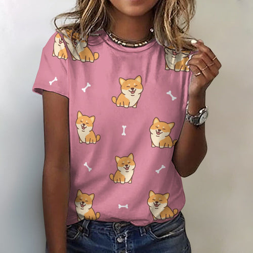 Smiling Shiba Love All Over Print Women's Cotton T-Shirt - 3 Colors-Apparel-Apparel, Shiba Inu, Shirt, T Shirt-2XS-PaleVioletRed-1