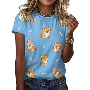 Smiling Shiba Love All Over Print Women's Cotton T-Shirt - 3 Colors-Apparel-Apparel, Shiba Inu, Shirt, T Shirt-6