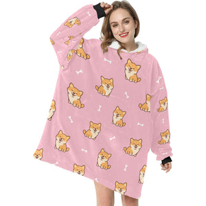 Smiling Shiba Love Blanket Hoodie for Women-Apparel-Apparel, Blankets-2