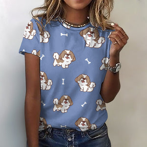 Smiling Shih Tzu Love All Over Print Women's Cotton T-Shirt - 4 Colors-Apparel-Apparel, Shih Tzu, Shirt, T Shirt-2XS-CornflowerBlue-4