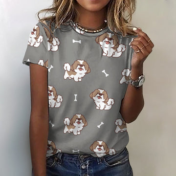 Smiling Shih Tzu Love All Over Print Women's Cotton T-Shirt - 4 Colors-Apparel-Apparel, Shih Tzu, Shirt, T Shirt-2XS-Gray-7
