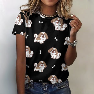 Smiling Shih Tzu Love All Over Print Women's Cotton T-Shirt - 4 Colors-Apparel-Apparel, Shih Tzu, Shirt, T Shirt-2XS-Black-11
