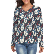 Load image into Gallery viewer, Snowfall Splendor Husky Women's V-Neck Christmas Sweater-Apparel-Apparel,Christmas,Dog Mom Gifts,Siberian Husky,Sweater,Sweatshirt-S-2