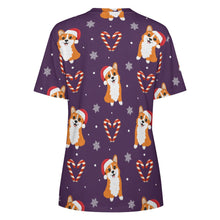 Load image into Gallery viewer, Snowflakes and Double Candy Cane Corgis All Over Print Women&#39;s Cotton T-Shirts - 4 Colors-Apparel-Apparel, Christmas, Corgi, Shirt, T Shirt-15