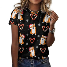 Load image into Gallery viewer, Snowflakes and Double Candy Cane Corgis All Over Print Women&#39;s Cotton T-Shirts - 4 Colors-Apparel-Apparel, Christmas, Corgi, Shirt, T Shirt-17