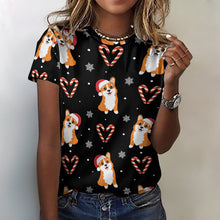 Load image into Gallery viewer, Snowflakes and Double Candy Cane Corgis All Over Print Women&#39;s Cotton T-Shirts - 4 Colors-Apparel-Apparel, Christmas, Corgi, Shirt, T Shirt-Black-2XS-4