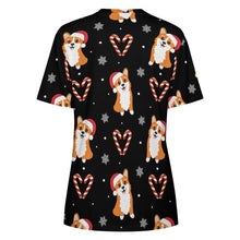 Load image into Gallery viewer, Snowflakes and Double Candy Cane Corgis All Over Print Women&#39;s Cotton T-Shirts - 4 Colors-Apparel-Apparel, Christmas, Corgi, Shirt, T Shirt-7