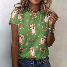 Load image into Gallery viewer, Snowflakes and Double Candy Cane Corgis All Over Print Women&#39;s Cotton T-Shirts - 4 Colors-Apparel-Apparel, Christmas, Corgi, Shirt, T Shirt-Green-2XS-1
