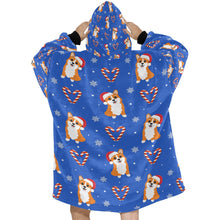 Load image into Gallery viewer, Snowflakes and Double Candy Cane Corgis Blanket Hoodie for Women-11