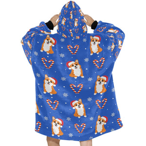 Snowflakes and Double Candy Cane Corgis Blanket Hoodie for Women-11