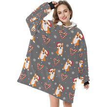 Load image into Gallery viewer, Snowflakes and Double Candy Cane Corgis Blanket Hoodie for Women-12