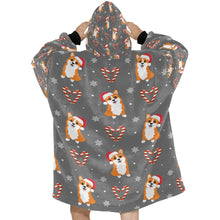 Load image into Gallery viewer, Snowflakes and Double Candy Cane Corgis Blanket Hoodie for Women-13