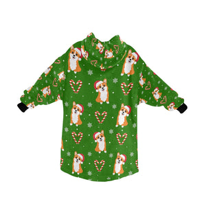 Snowflakes and Double Candy Cane Corgis Blanket Hoodie for Women-2