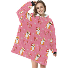Load image into Gallery viewer, Snowflakes and Double Candy Cane Corgis Blanket Hoodie for Women-6