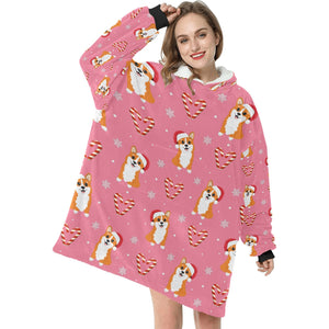 Snowflakes and Double Candy Cane Corgis Blanket Hoodie for Women-6