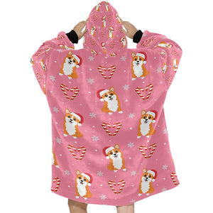 Snowflakes and Double Candy Cane Corgis Blanket Hoodie for Women-8