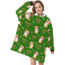 Load image into Gallery viewer, Snowflakes and Double Candy Cane Corgis Blanket Hoodie for Women-1