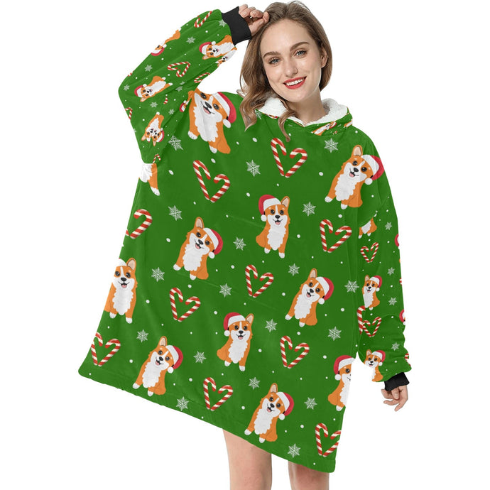 Snowflakes and Double Candy Cane Corgis Blanket Hoodie for Women-1