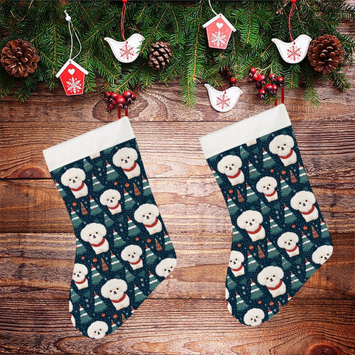Snowflakes and Snuggles Bichon Frise Christmas Stocking-Christmas Ornament-Bichon Frise, Christmas, Home Decor-26X42CM-White-2