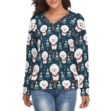 Load image into Gallery viewer, Snowflakes and Snuggles Bichon Frise Women's V-Neck Christmas Sweater-Apparel-Apparel,Bichon Frise,Christmas,Dog Mom Gifts,Sweater,Sweatshirt-S-2