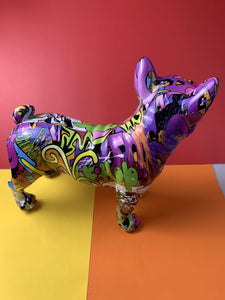 Back image of a multicolor french bulldog resin statue