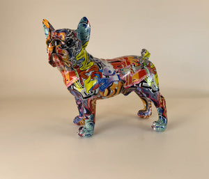 Image of a multicolor french bulldog statue made of resin