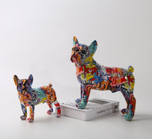 Load image into Gallery viewer, Image of two multicolor french bulldog statues made of resin in small and large size