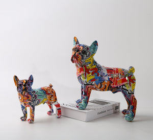 Image of two multicolor french bulldog statues made of resin in small and large size