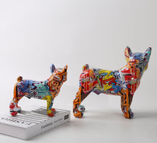 Load image into Gallery viewer, Back image of two multicolor french bulldog statues made of resin in small and large size