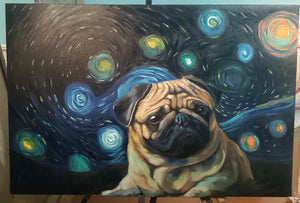 Starry Night Pug Oil Painting-Art-Dog Art, Home Decor, Painting, Pug-24" x 36" inches-2