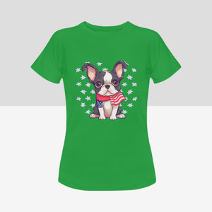 Stars, Stripes and Boston Terriers Women's 4th of July Cotton T-Shirts - 5 Colors-Apparel-Apparel, Boston Terrier, Shirt, T Shirt-Green-Small-10