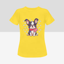 Load image into Gallery viewer, Stars, Stripes and Boston Terriers Women&#39;s 4th of July Cotton T-Shirts - 5 Colors-Apparel-Apparel, Boston Terrier, Shirt, T Shirt-Yellow-Small-9