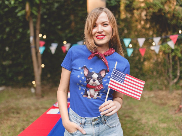 Stars, Stripes and Boston Terriers Women's 4th of July Cotton T-Shirts