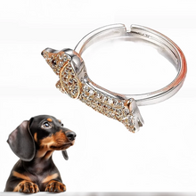 Load image into Gallery viewer, Image of a Dachshund Ring with a Black and Tan Dachshund on the edge