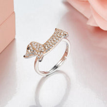 Load image into Gallery viewer, Image of a beautiful studded Dachshund ring in the shape of a Dachshund made of 925 Sterling Silver