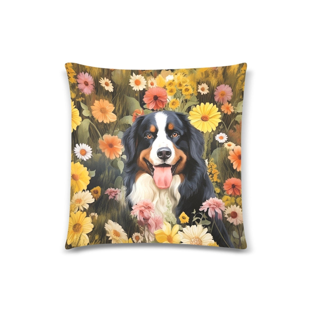 Sun-Kissed Bernese Floral Symphony Throw Pillow Cover-Cushion Cover-Bernese Mountain Dog, Home Decor, Pillows-White-ONESIZE-1